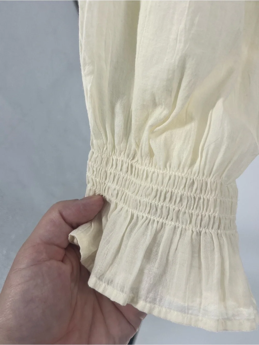 American Eagle Outfitters Cream Smocked Peasant Blouse with Embroidered Ruffle